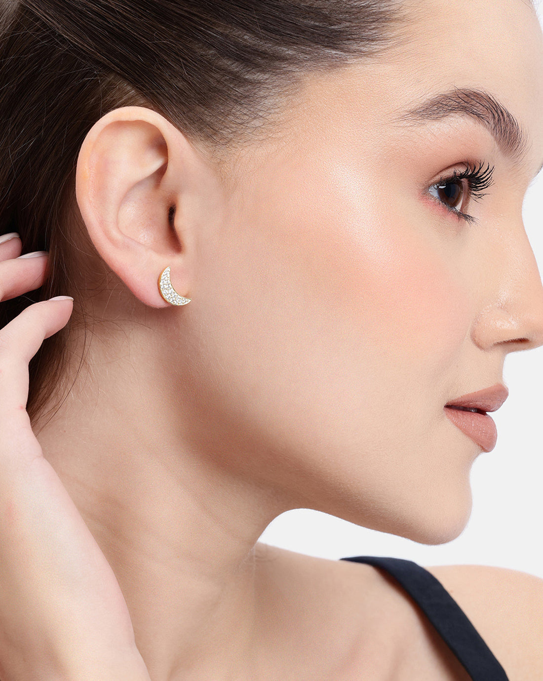 18kt Gold Plated CZ Crecent Stud Earring