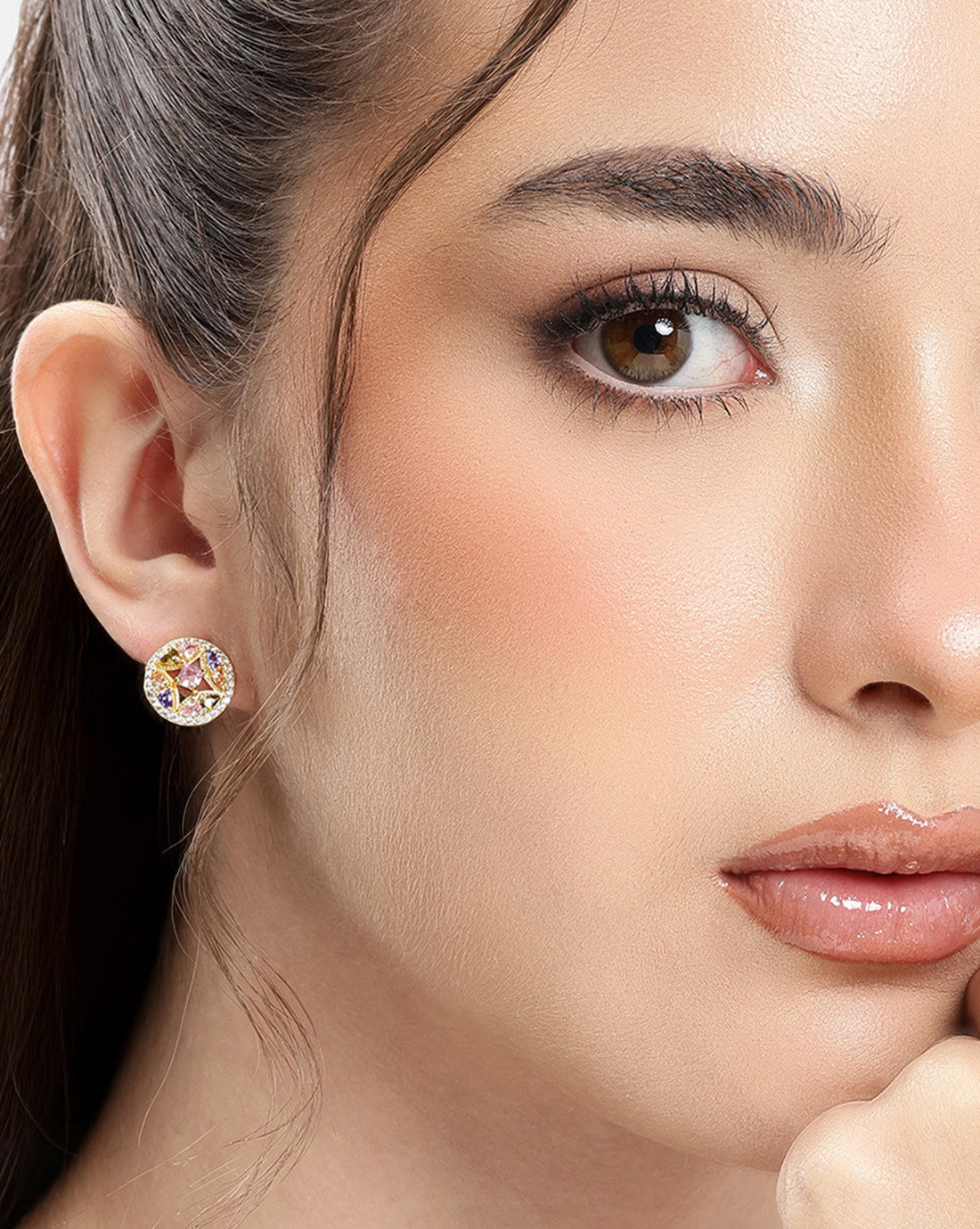 Gold Plated Multi Color CZ Circular Stud Earring