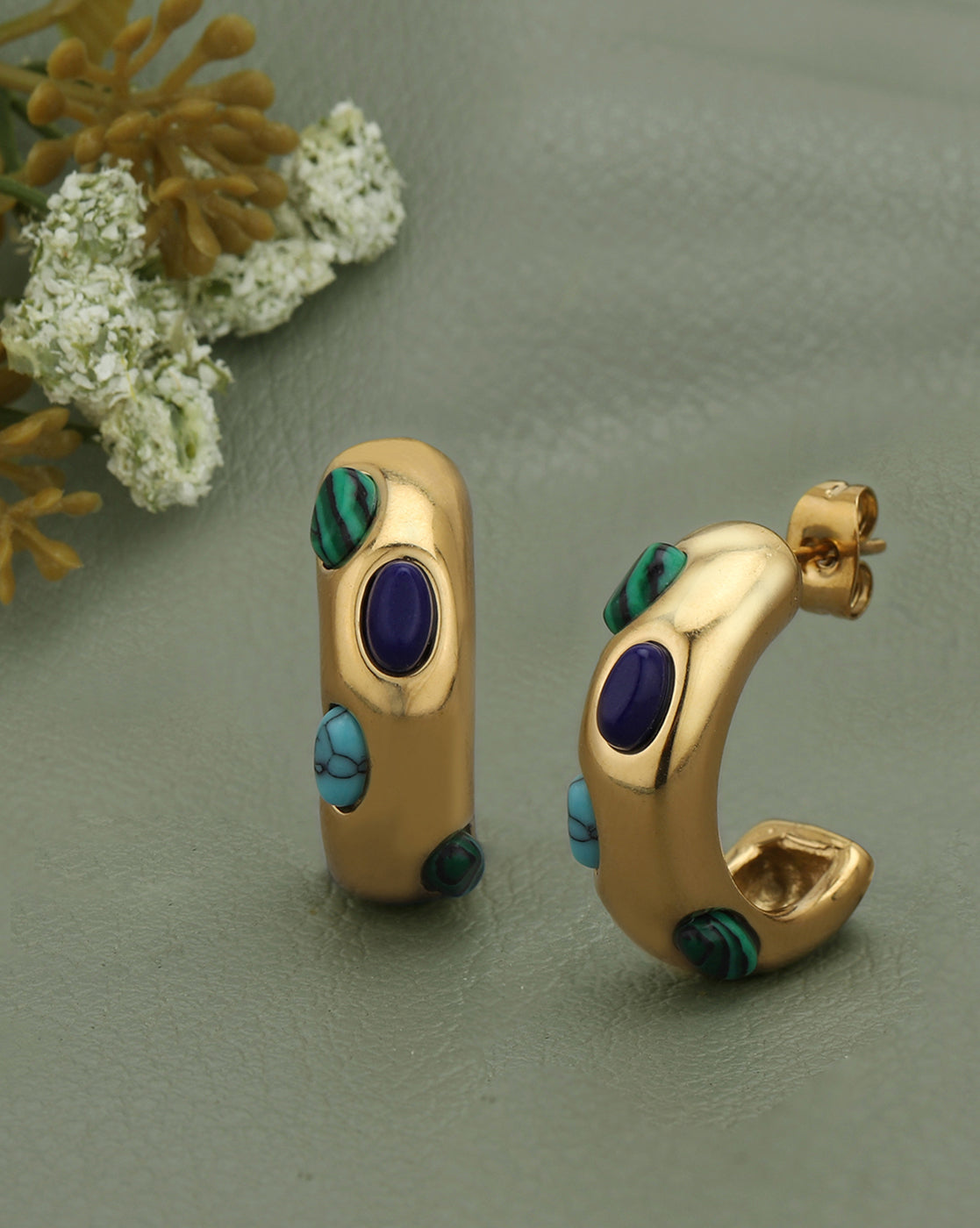 18kt Gold Plated Multiple Stone Contemporary Half Hoop Earring