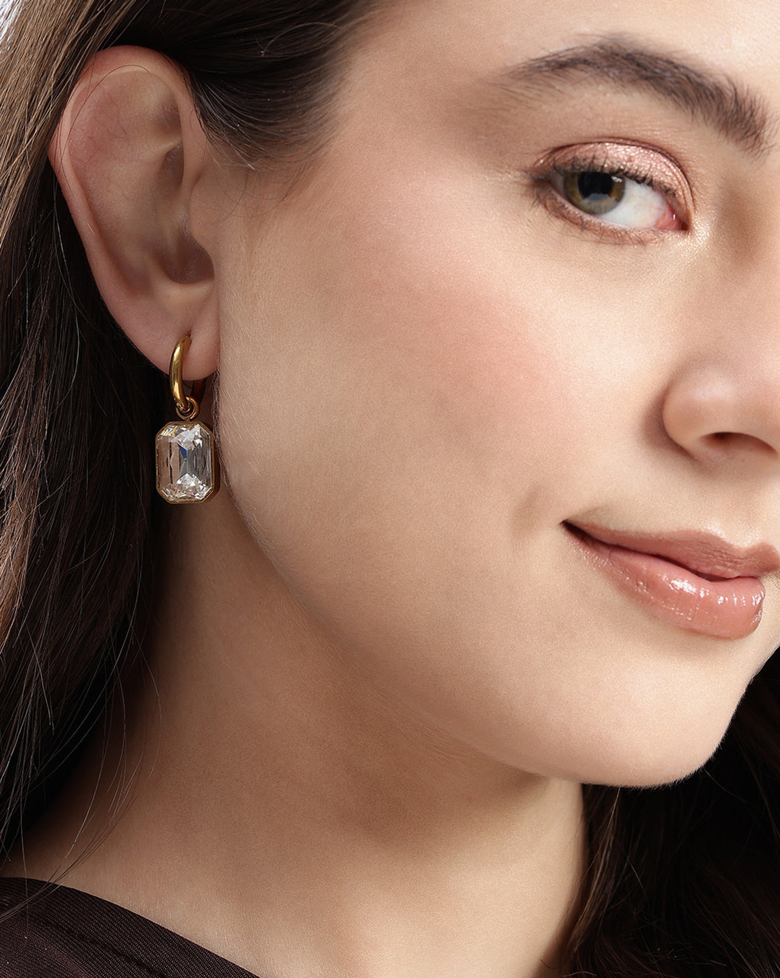 18kt Gold Plated Dangling Solitaire Hoop Earring