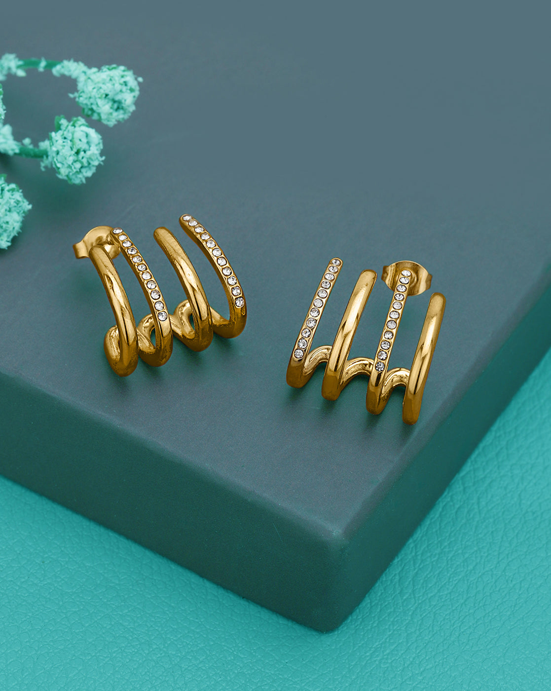 18kt Gold Plated CZ Contemporary Half Hoop Earring