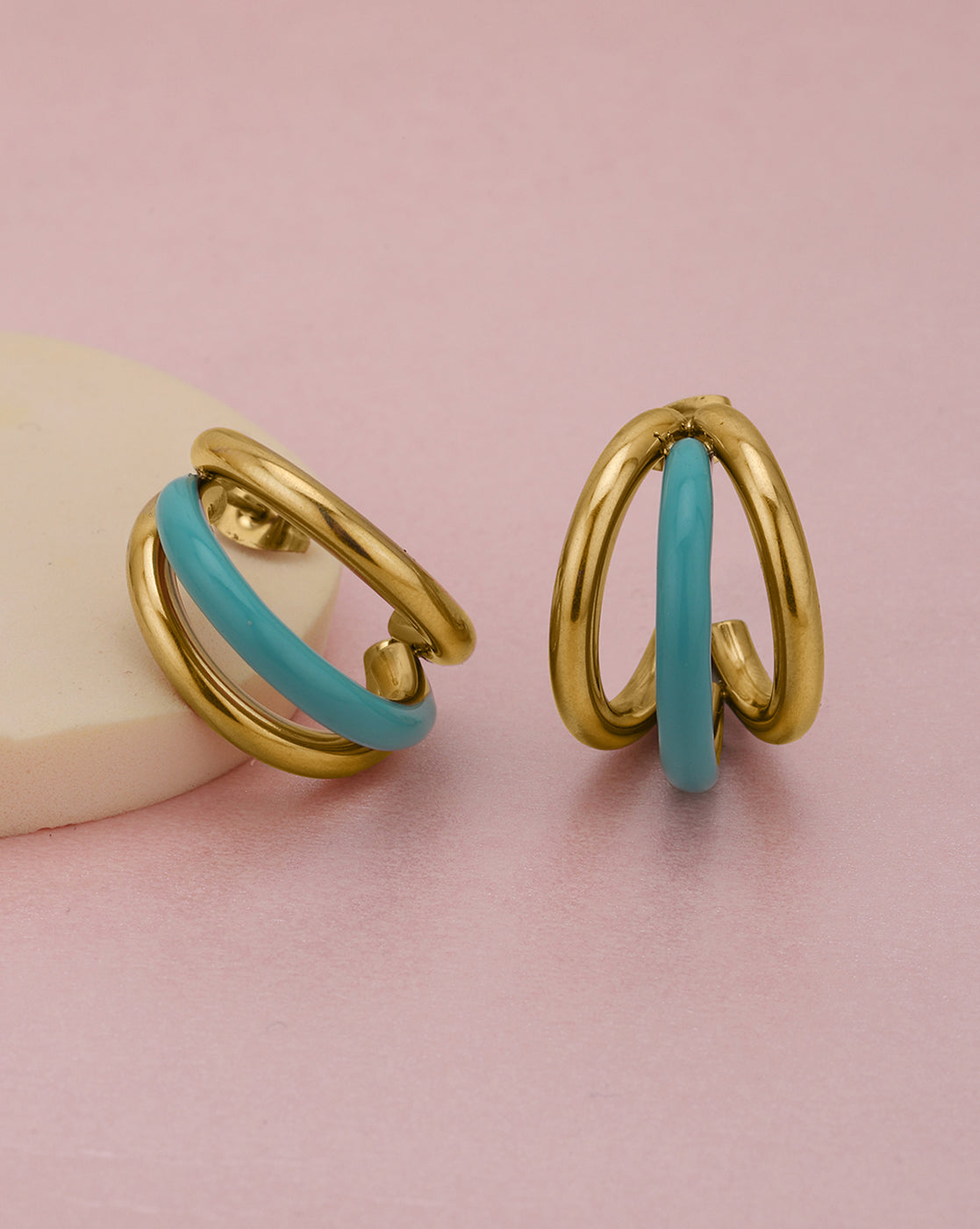 Genz 18kt Gold Plated Enamel Triple Layered Half Hoop Earring