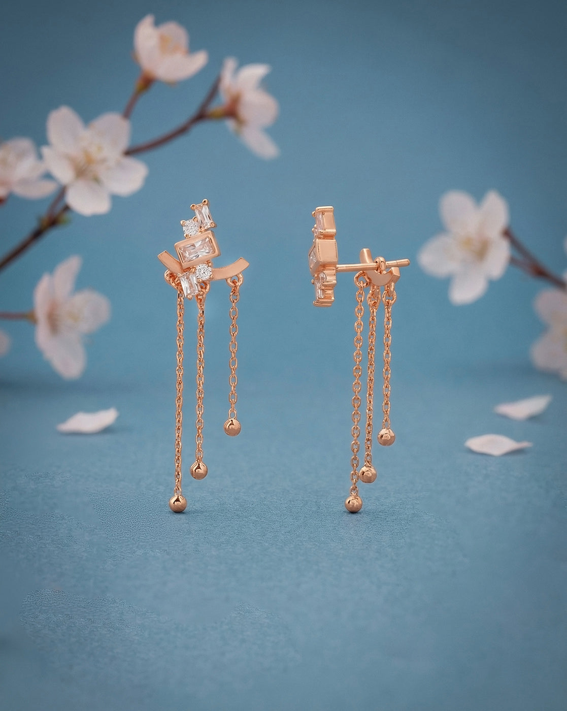 18kt Rose Gold Plated CZ Cascading Chain Drop Earring