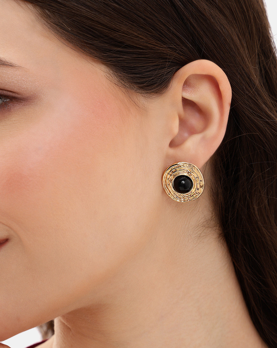 Gold Plated Halo Black Stone Earrings