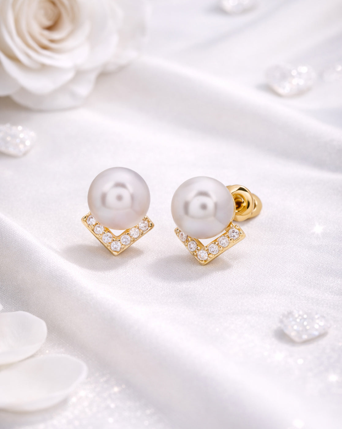 Gold Plated Pearl Chevron Stud Earrings