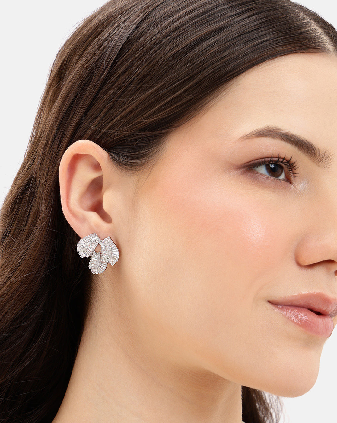 Premium Silver-Plated CZ Layered Leaf Bold Stud Earrings