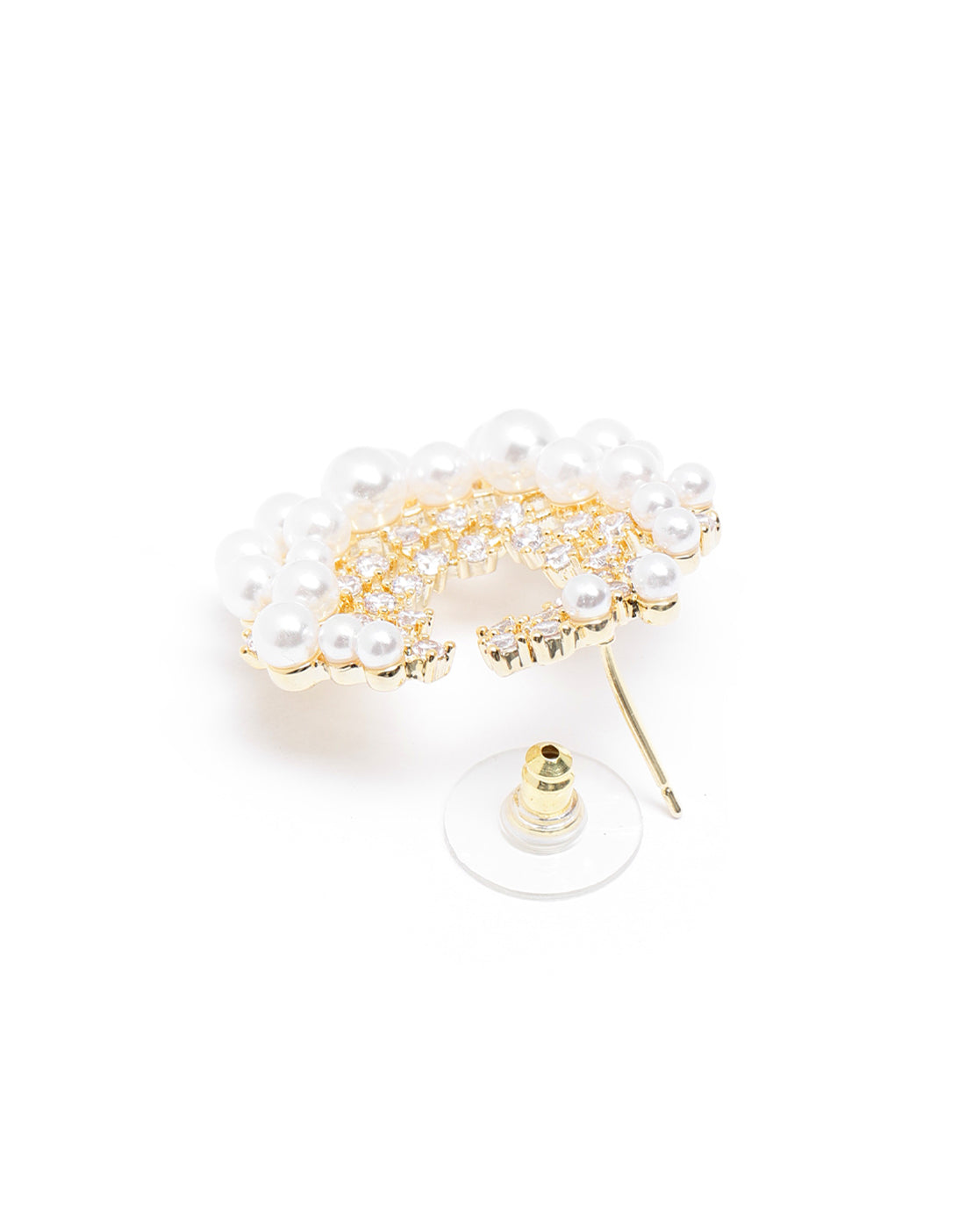 Gold-Plated Pearl & CZ Embellished Bold Hoops Earrings