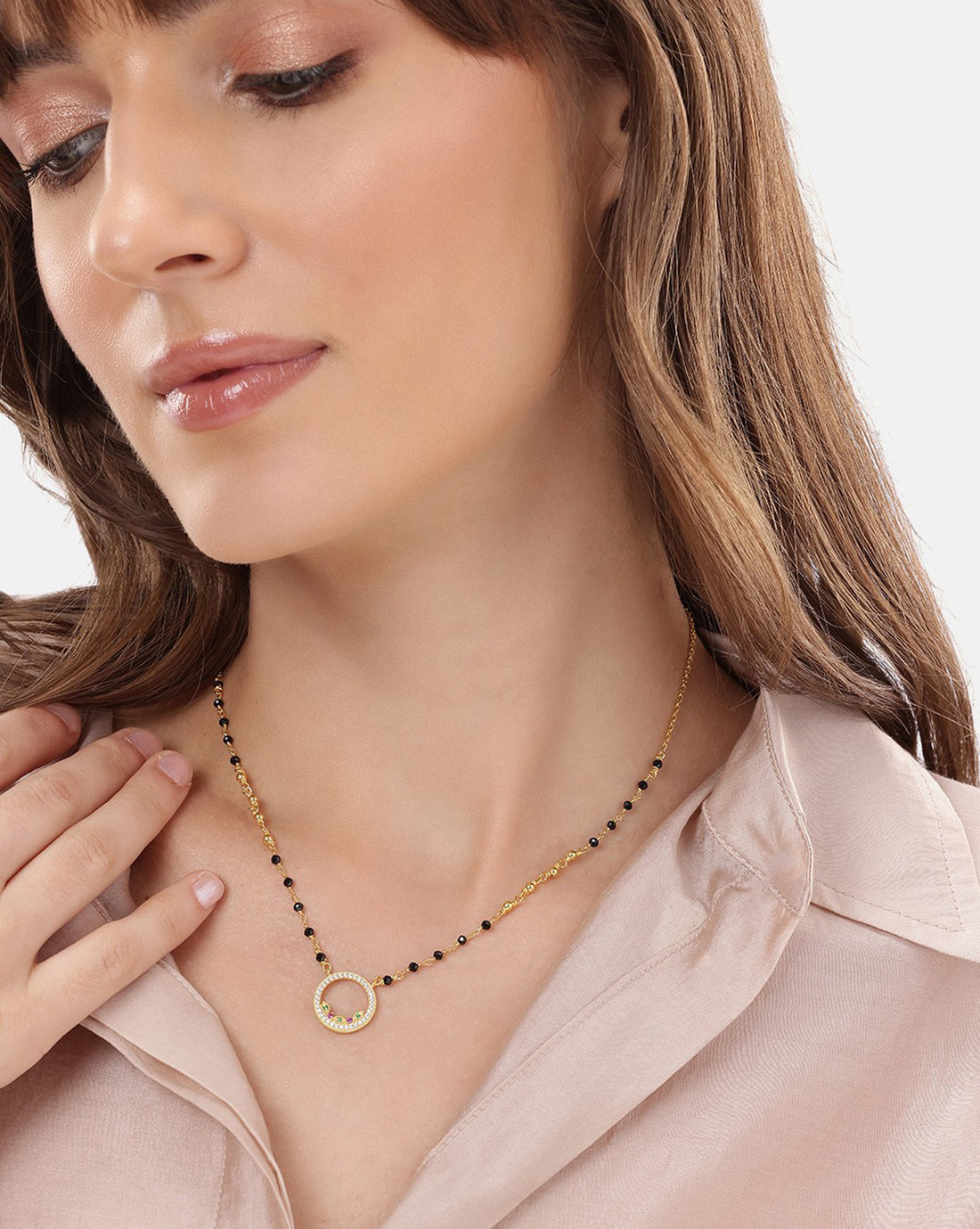 18kt Gold Plated Multi Colour CZ Circular Pendant Mangalsutra