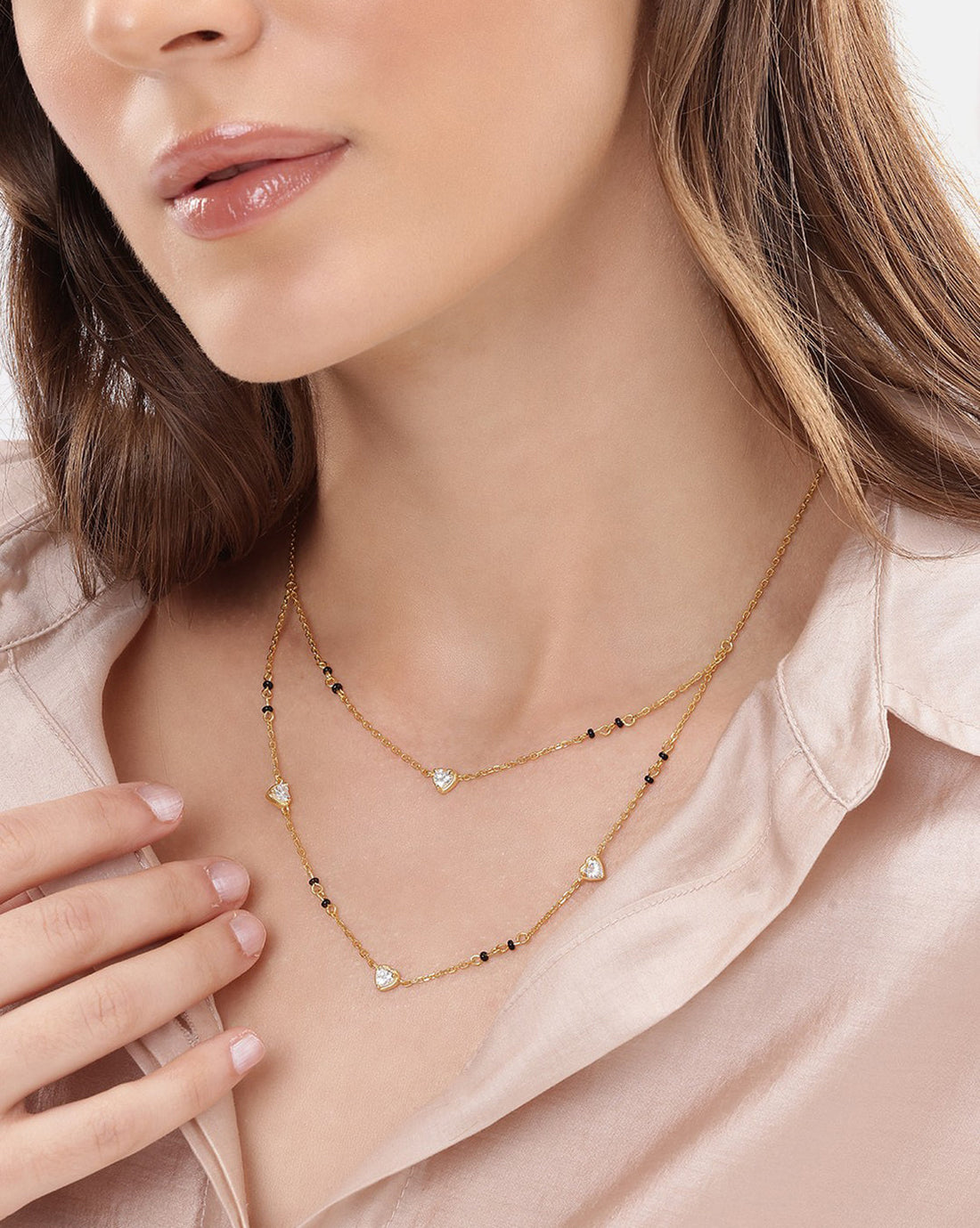 18kt Gold Plated CZ Multiple Heart Double Chain Mangalsutra