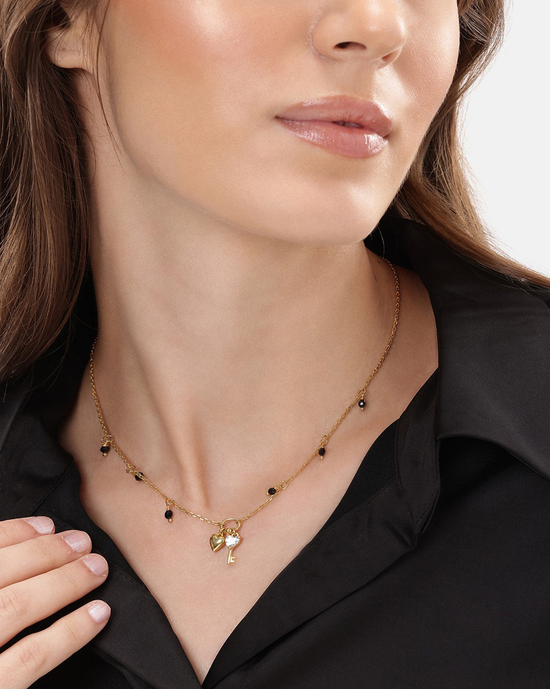 18kt Gold Plated CZ Dangling Heart and Key Pendant Mangalsutra