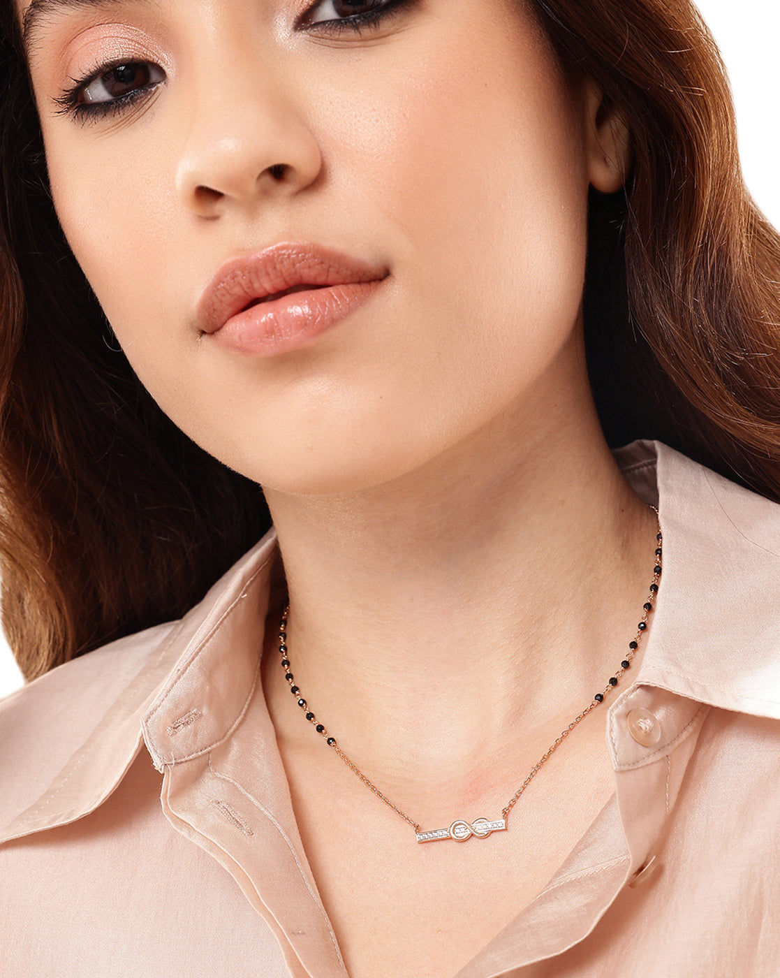 18kt Rose Gold Plated CZ and Black Bead Infinity Bar Mangalsutra