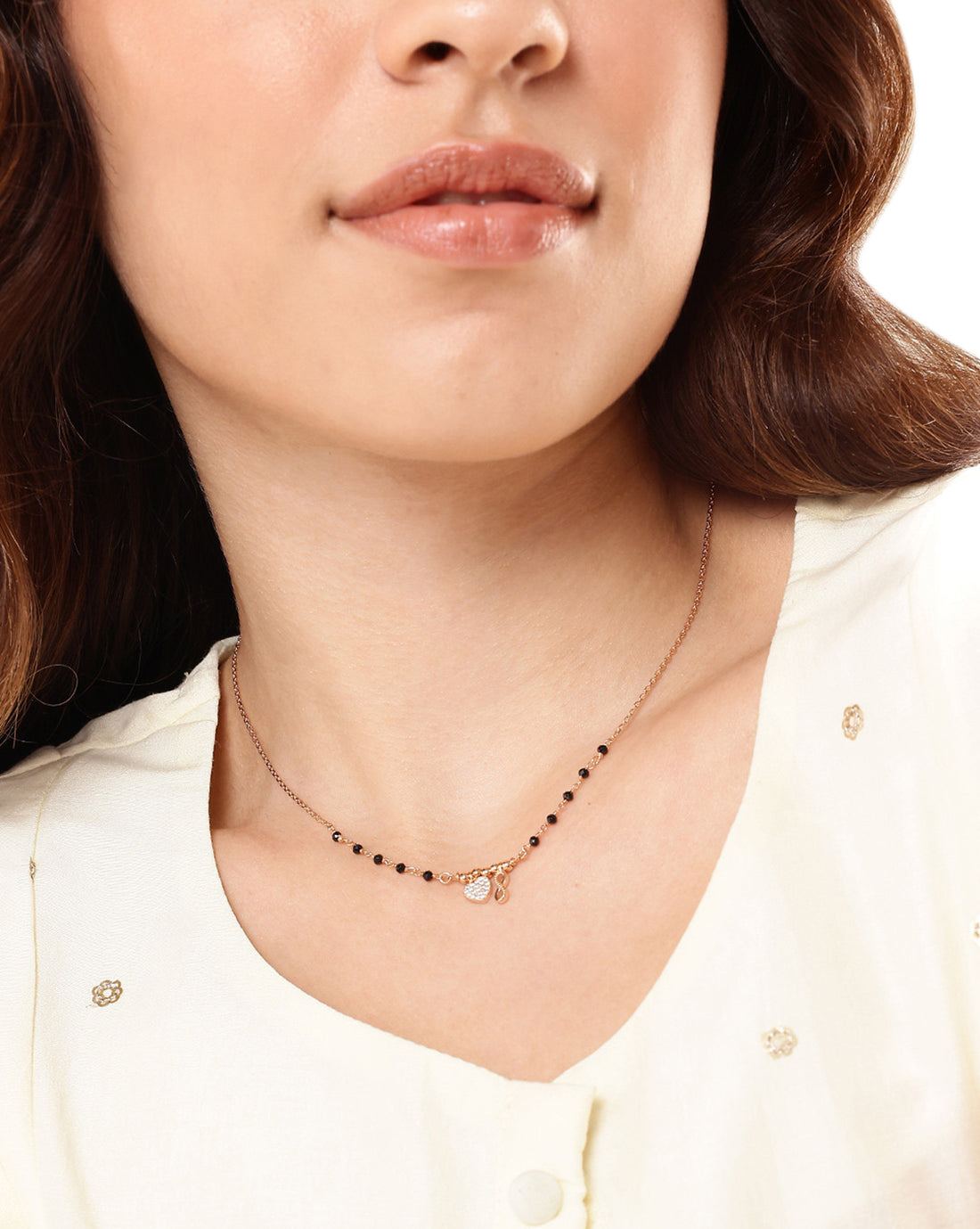 18kt Rose Gold Plated CZ Black Bead Infinity Heart Mangalsutra