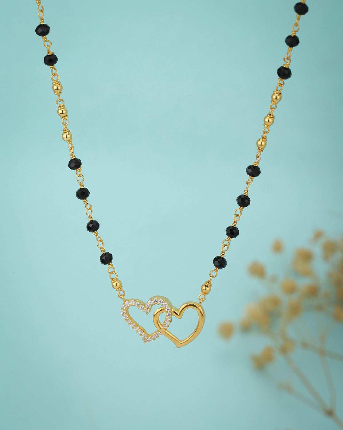 18kt Gold Plated with Glass Bead CZ Double Heart Mangalsutra