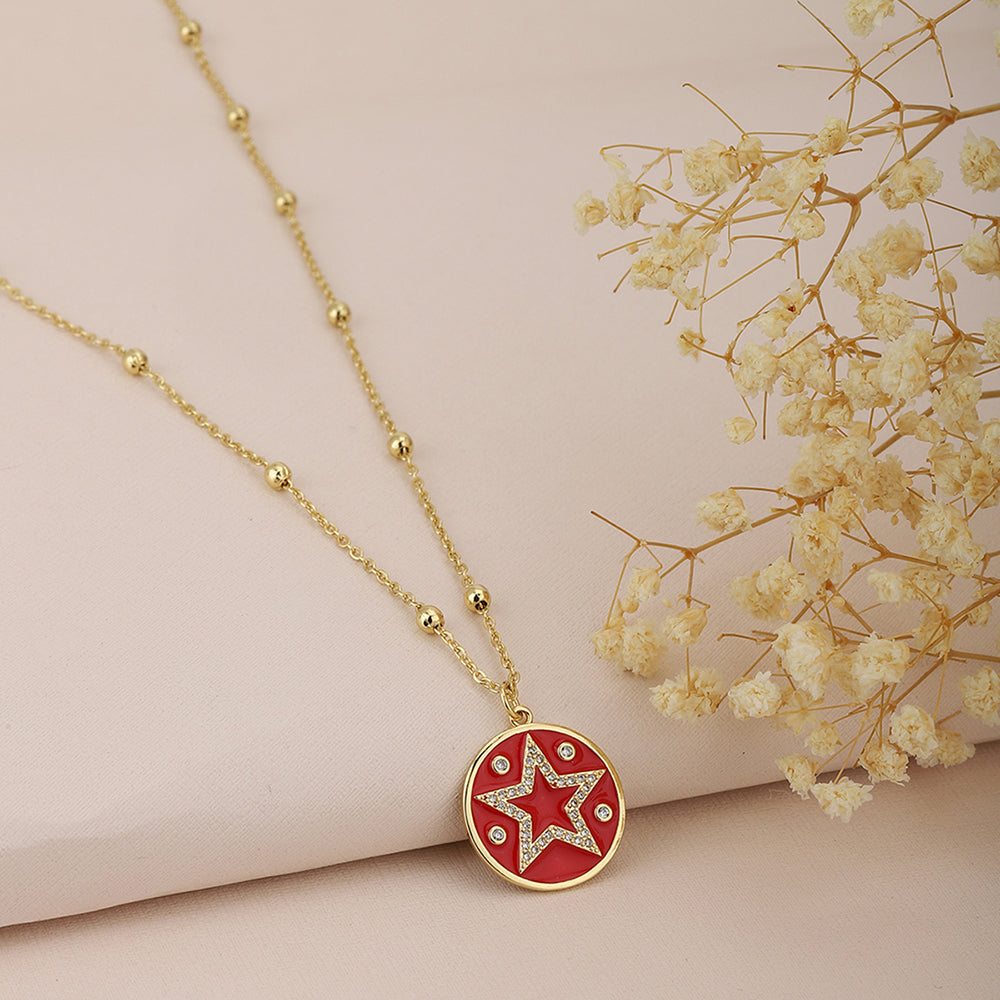Carlton London Red Gold-Plated Cz-Studded Star-Shaped Enamelled Necklace Fjn3349