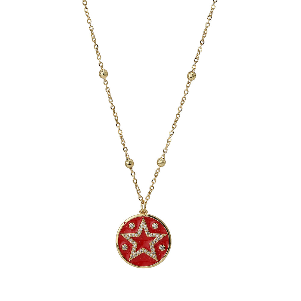Carlton London Red Gold-Plated Cz-Studded Star-Shaped Enamelled Necklace Fjn3349