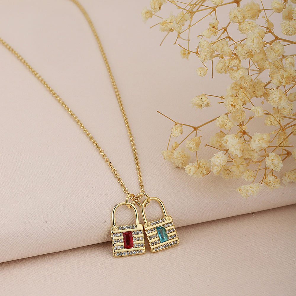 Carlton London Red & Turquoise Blue Gold-Plated Cz-Studded Lock-Shaped Necklace Fjn3353