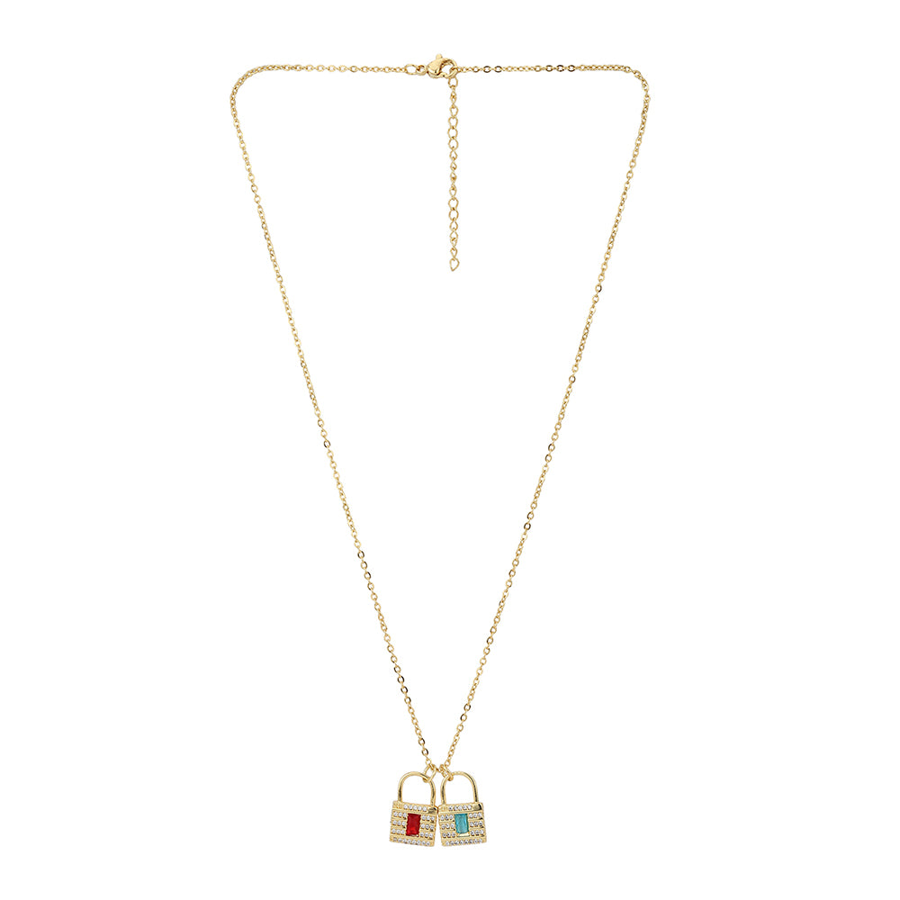 Carlton London Red & Turquoise Blue Gold-Plated Cz-Studded Lock-Shaped Necklace Fjn3353