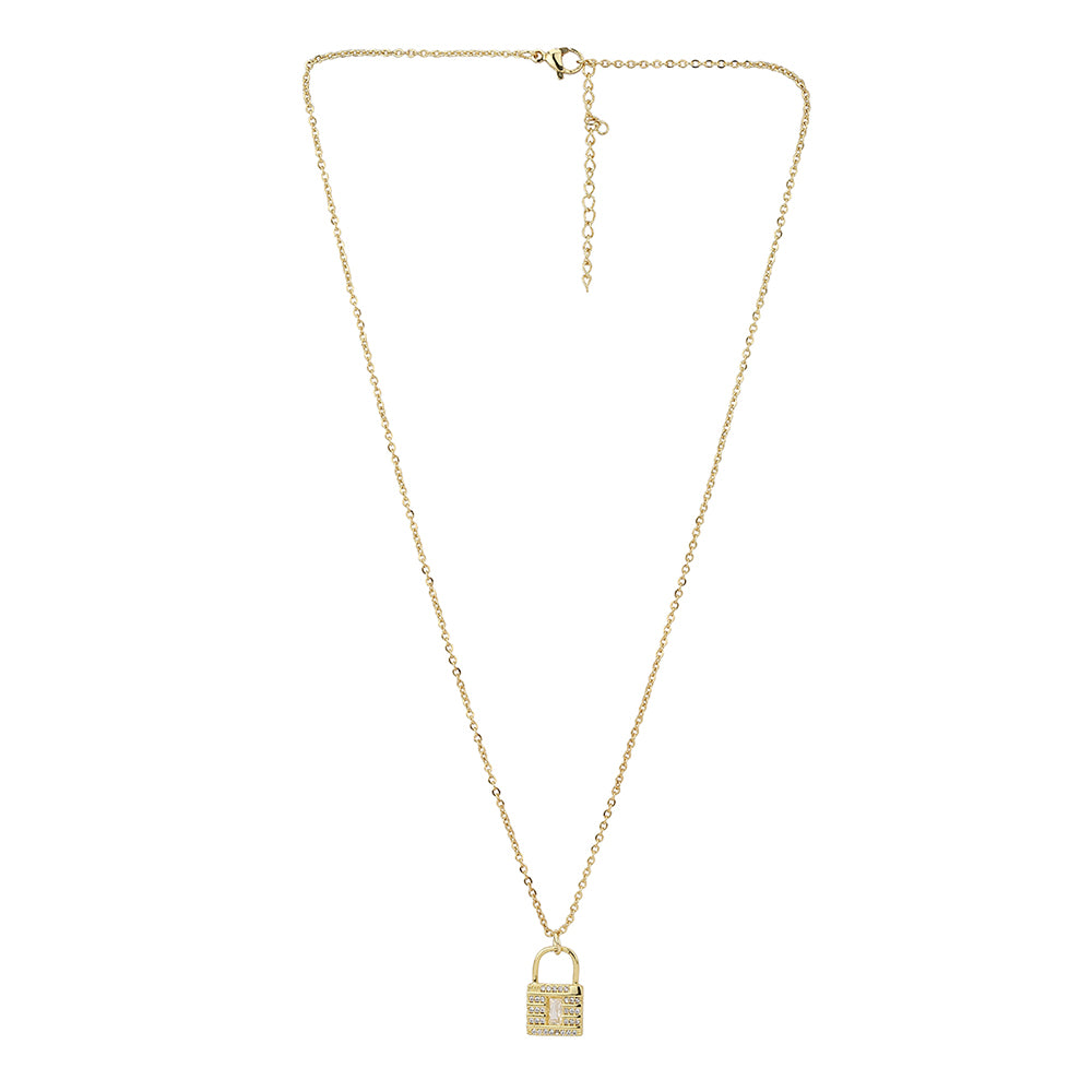 Carlton London Gold-Plated Cz-Studded Lock-Shaped Necklace Fjn3363