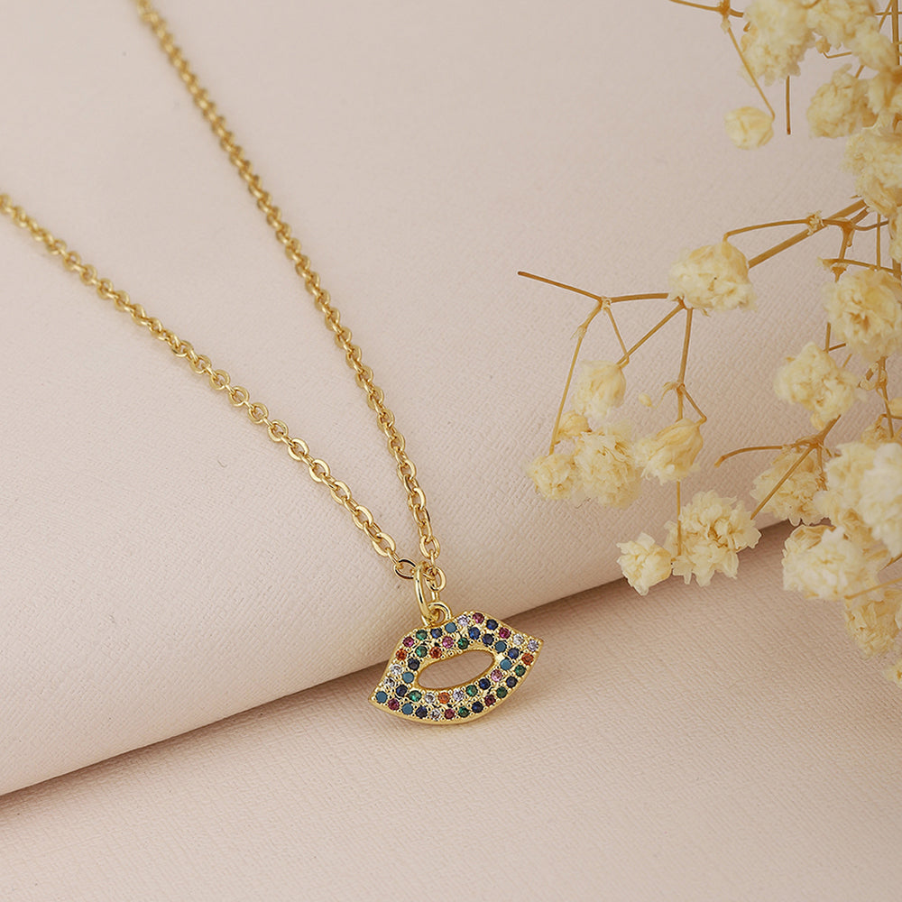 Carlton London Gold-Toned & White Brass Lips Shaped Stone Studded Necklace Fjn3375