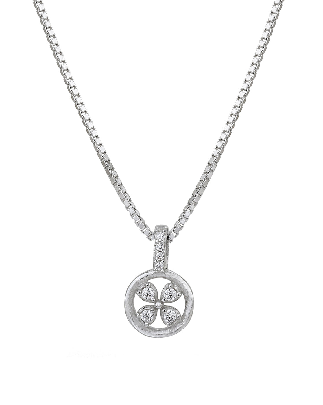Carlton London Rhodium Plated With Round Floral Pendant With Chain