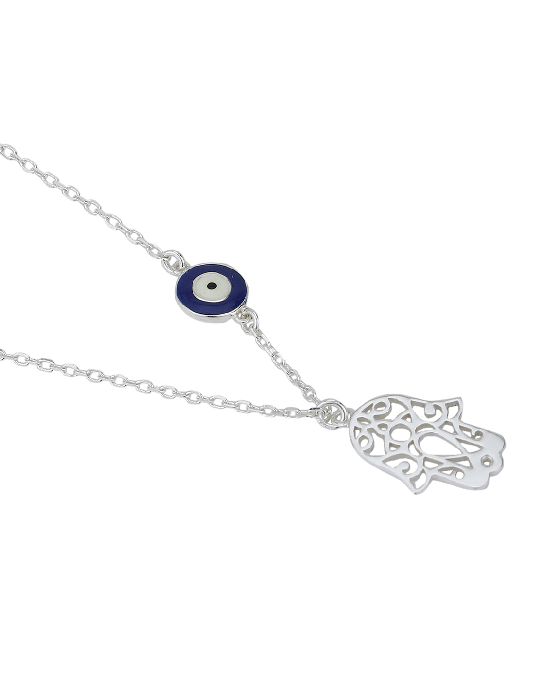Carlton London Rhodium Plated Hamsa Pendant With Evil Eye Enamel Charm & Chain