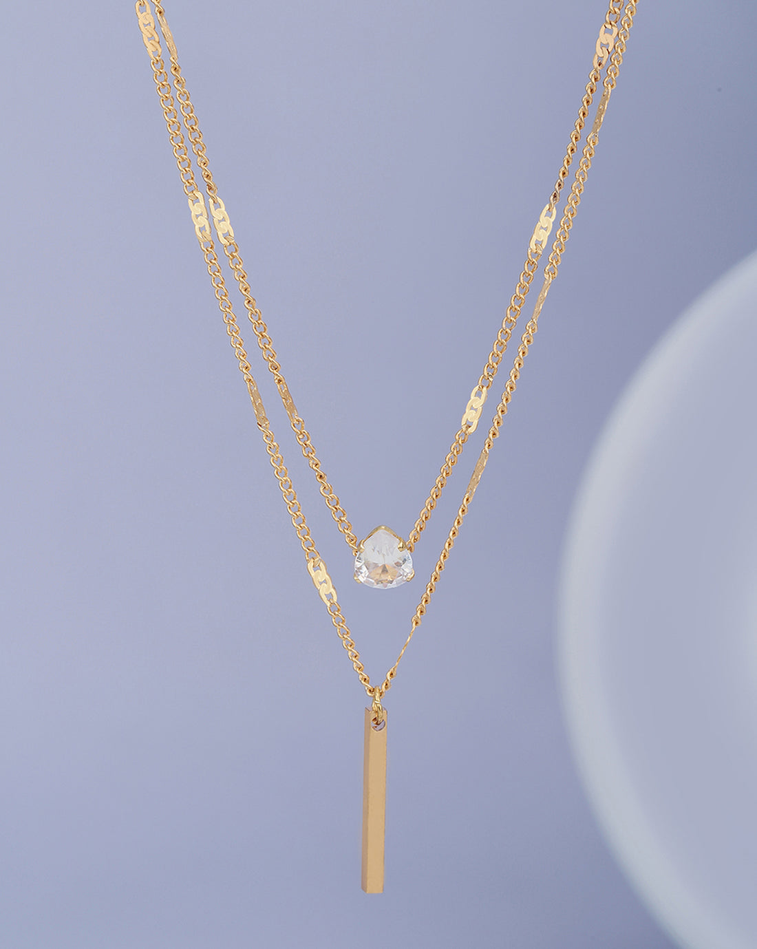 Set Of 2 Rose Gold Plated With Cz & Bar Unique Pendant With Chain For Women