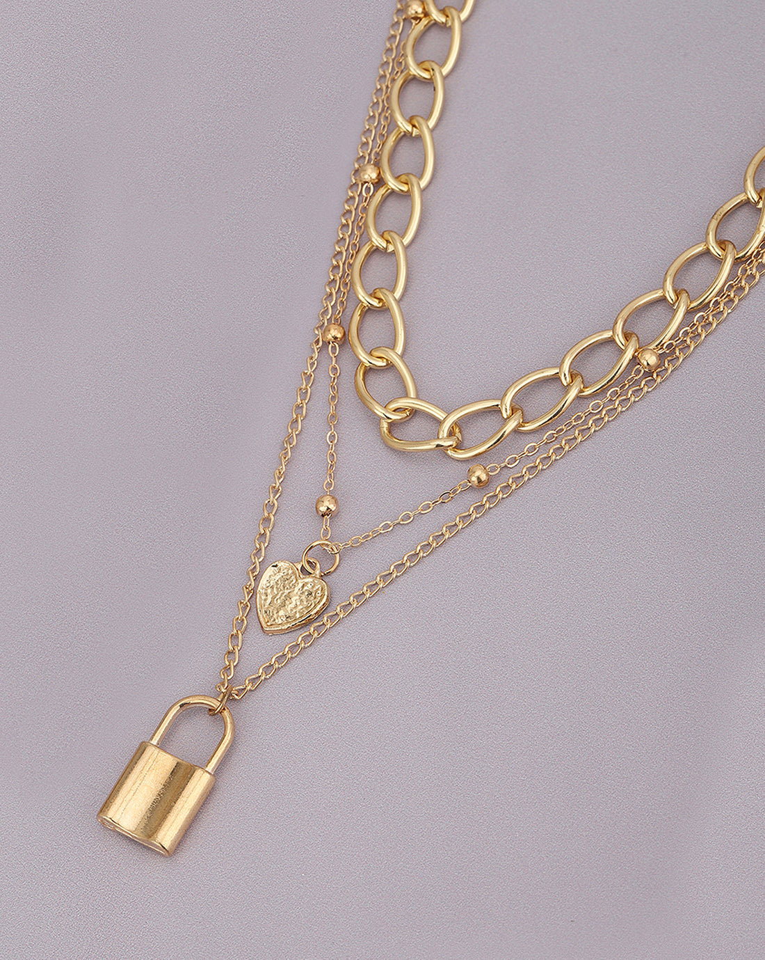 Gold Plated Triple Chain With Dangling Heart & Lock Fashionable Necklace For Women