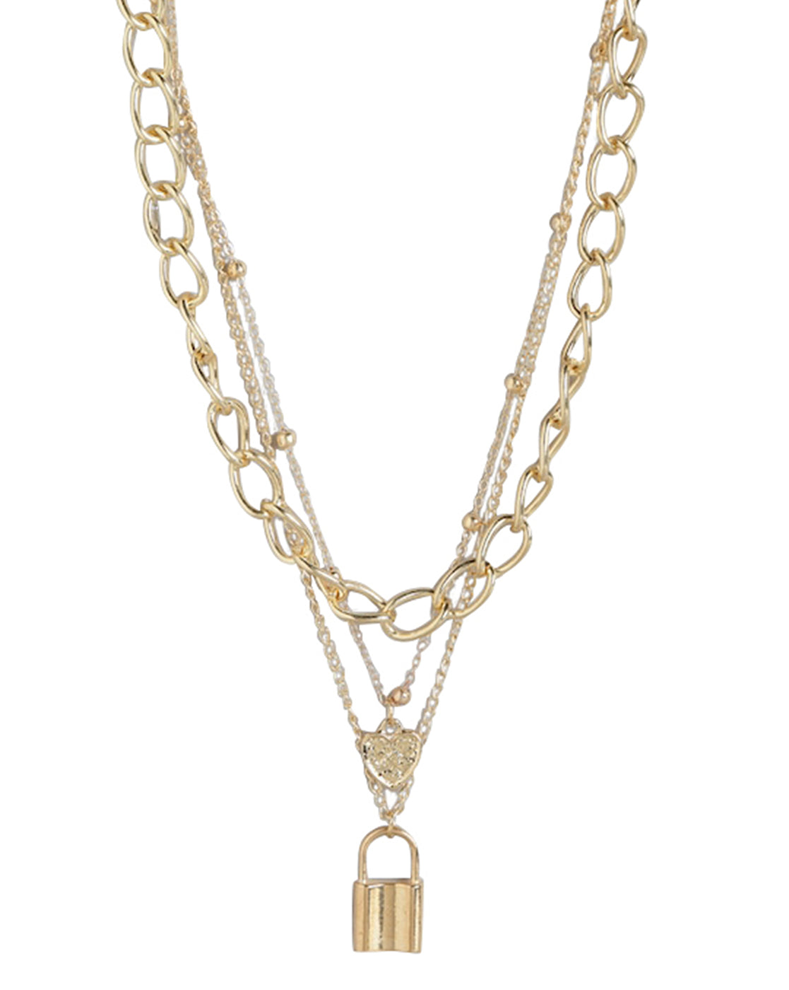 Gold Plated Triple Chain With Dangling Heart & Lock Fashionable Necklace For Women