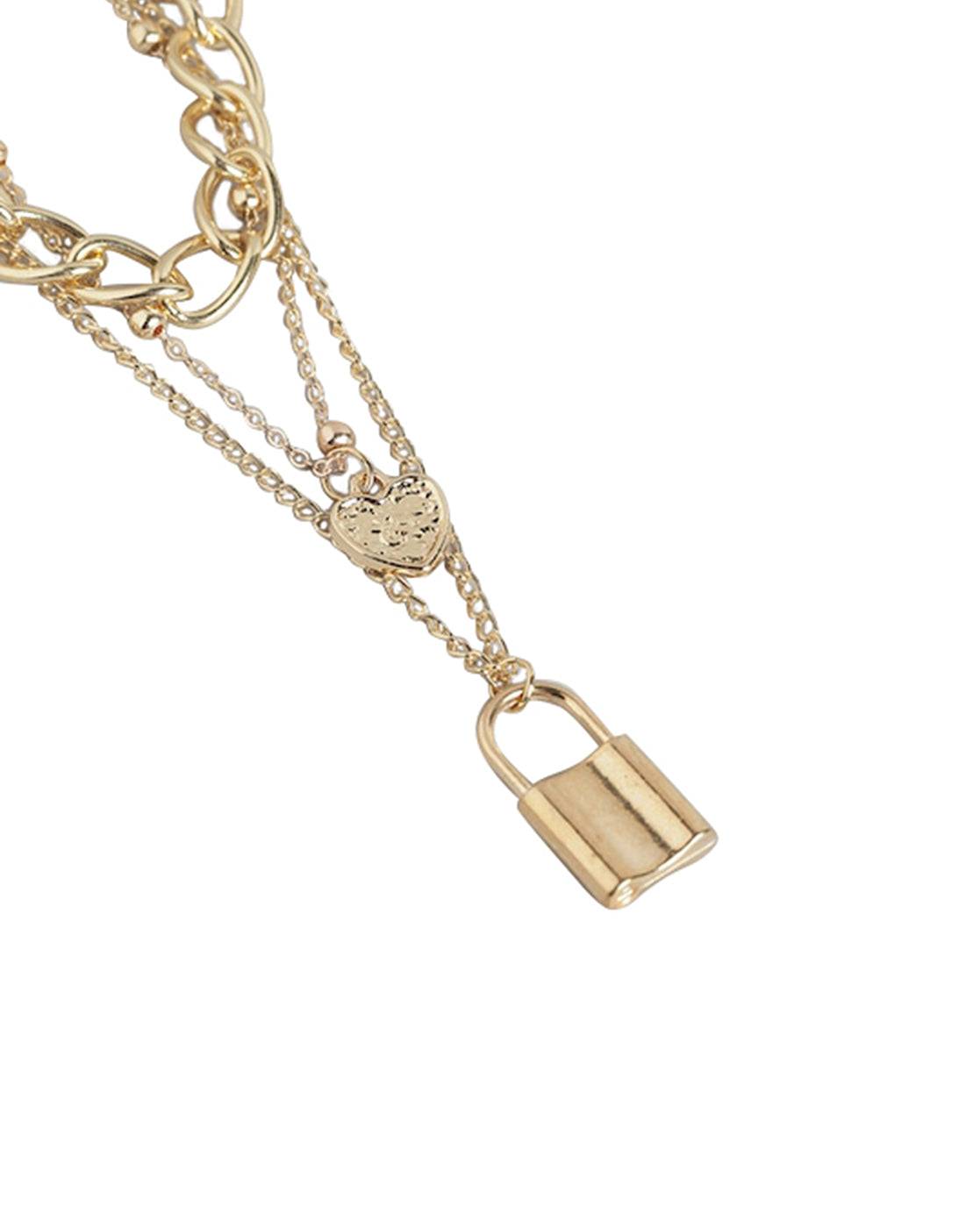 Gold Plated Triple Chain With Dangling Heart & Lock Fashionable Necklace For Women