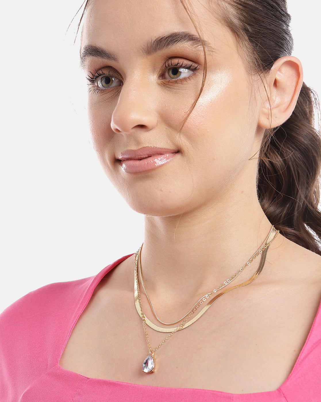 Set Of 3 Gold Plated With Dangling Solitaire Stylish Chain With Necklace For Women