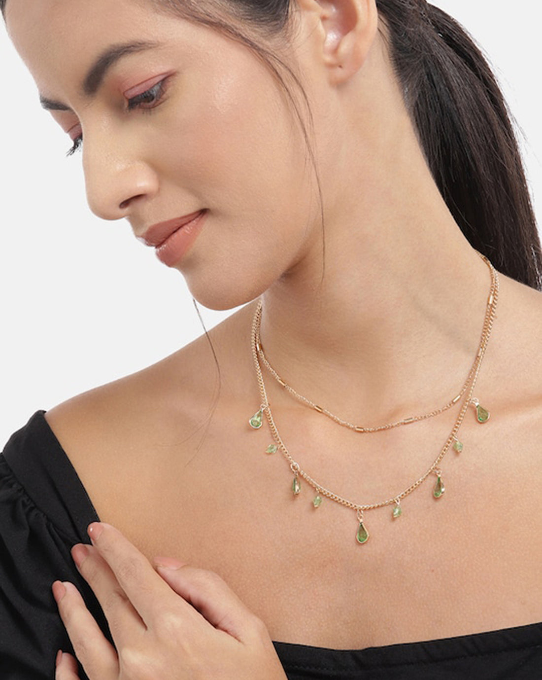 Gold Plated With Crystal Stylish Double Chian Necklace For Women