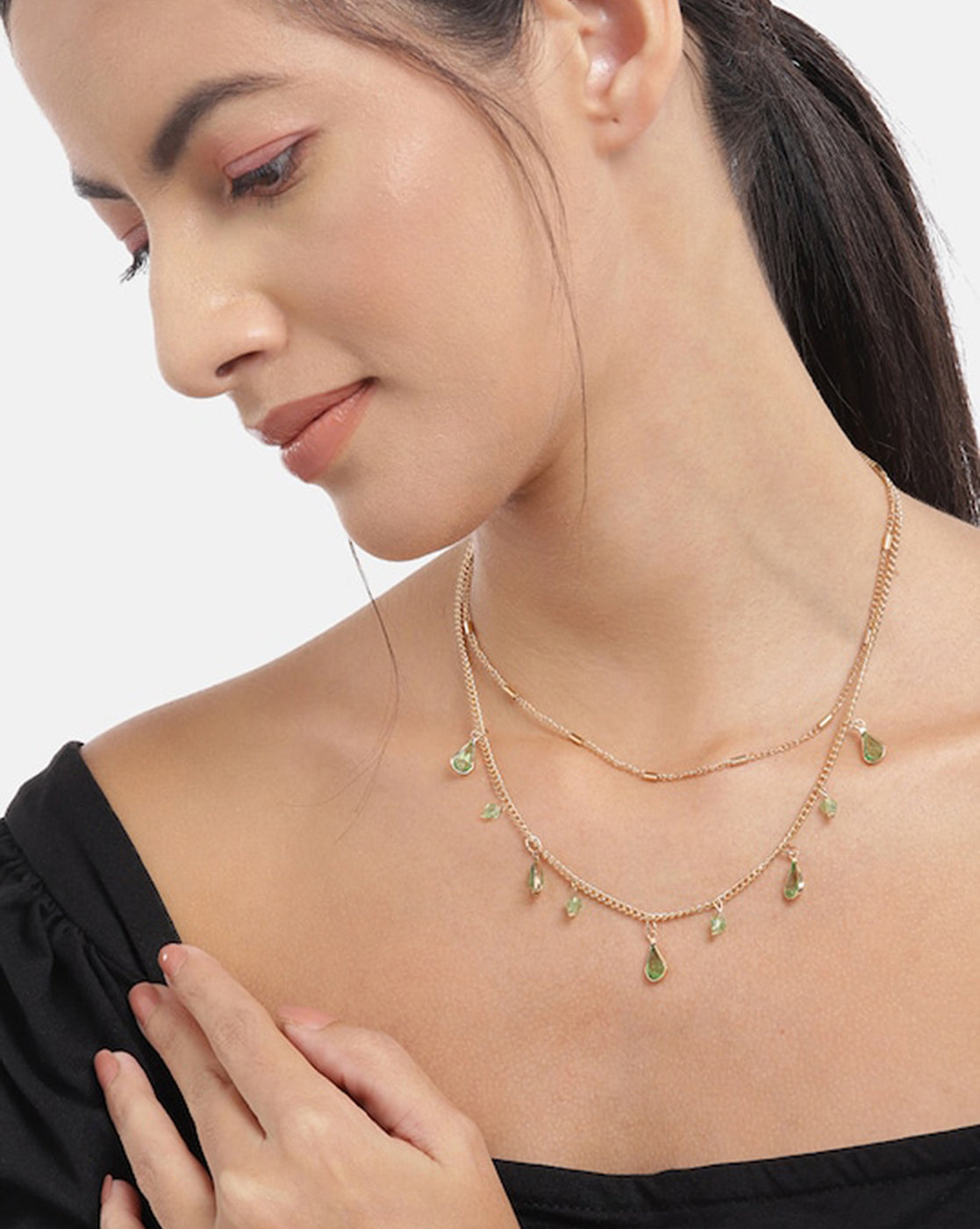 Gold Plated With Crystal Stylish Double Chian Necklace For Women