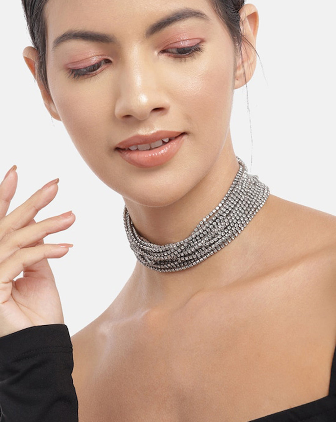 Cz With Rhodium Plated Layered Choker Necklace For Women