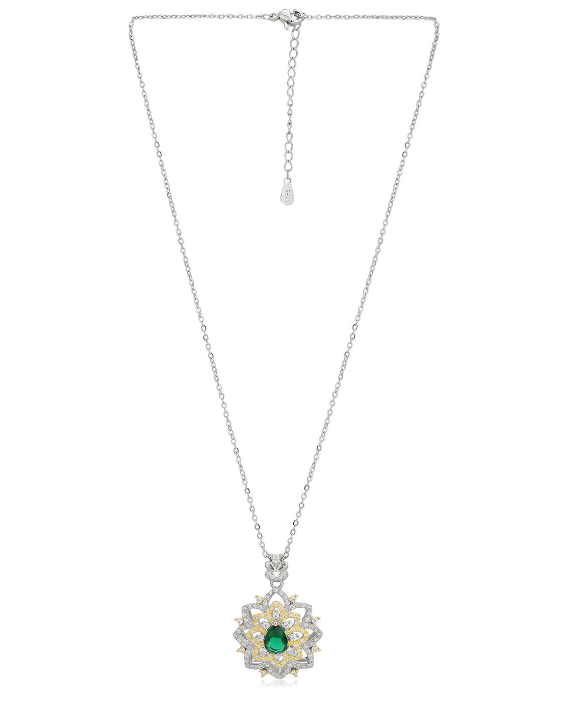 Premium Rhodium Plated With Gold Embellishment Cz Floral Pendant With Chain For Women
