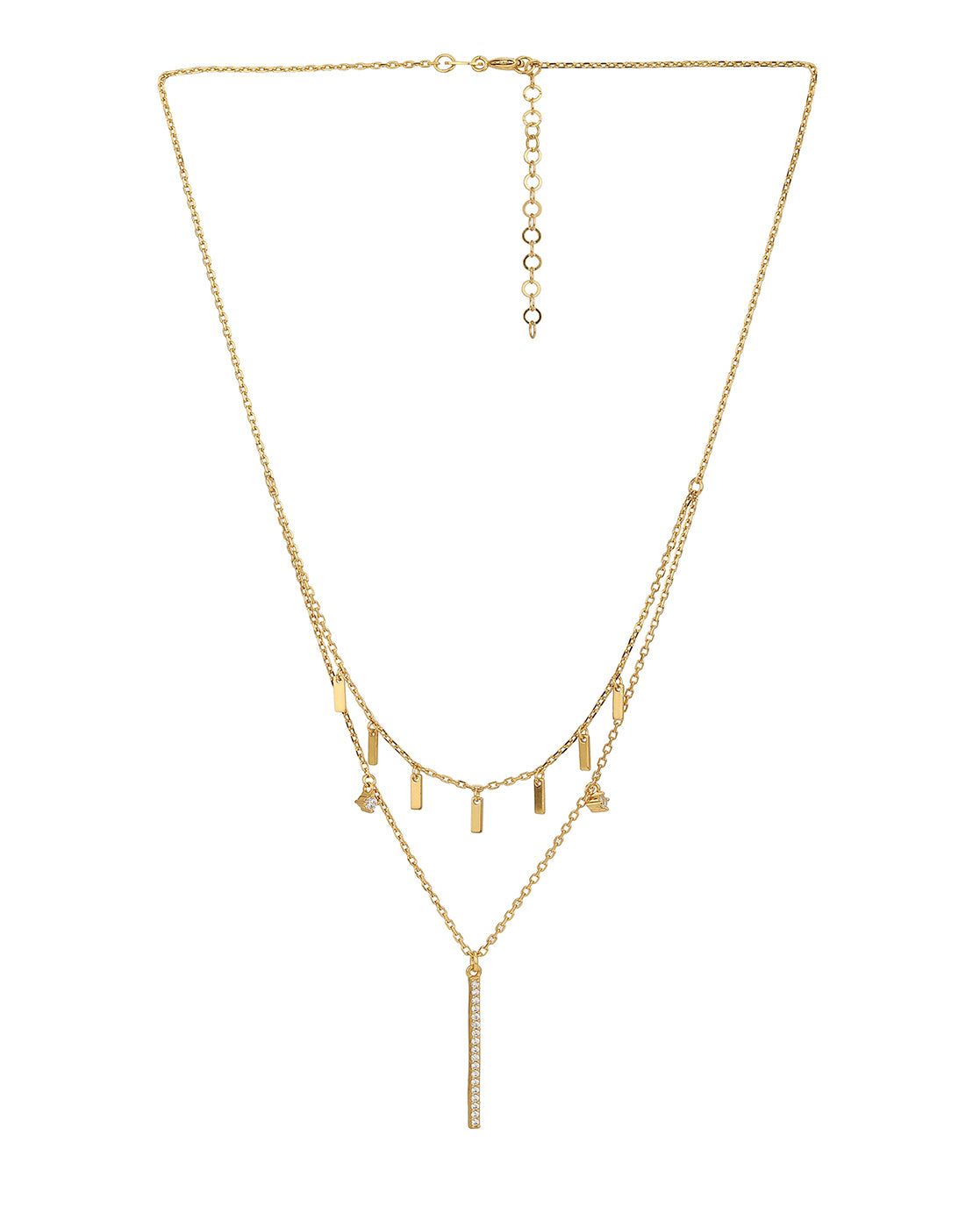 18Kt Gold Plated Layered Necklace With Dangling Bar & Cz Double Row Chain