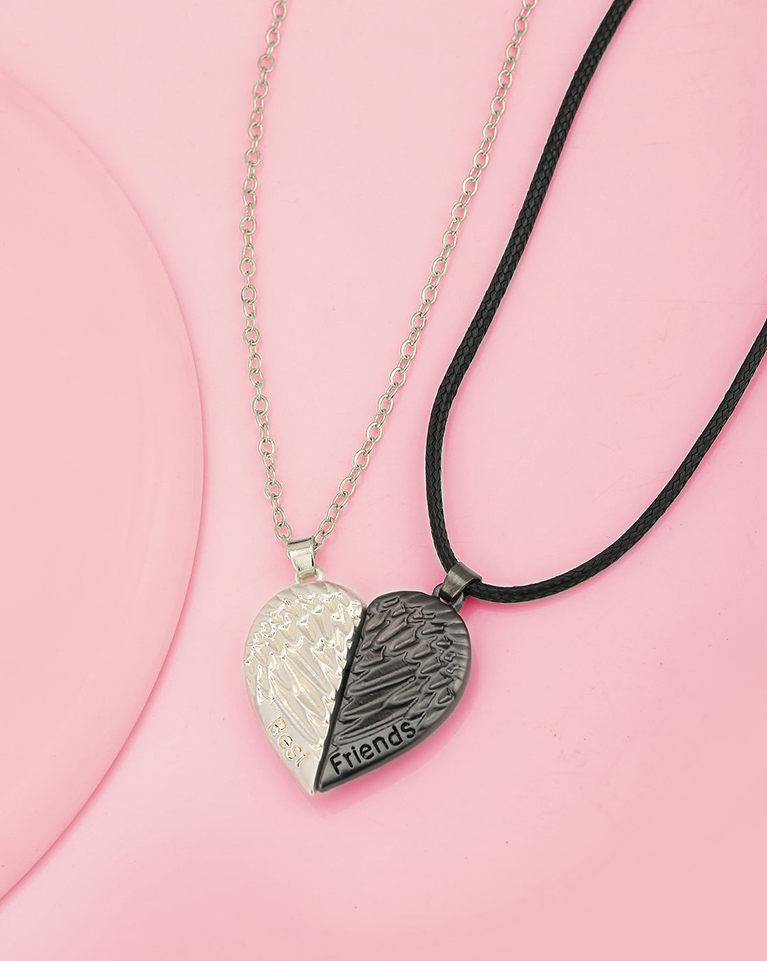 Set of 2 Silver Plated Oxidised Best Friend Broken Heart Pendant with chain for couples