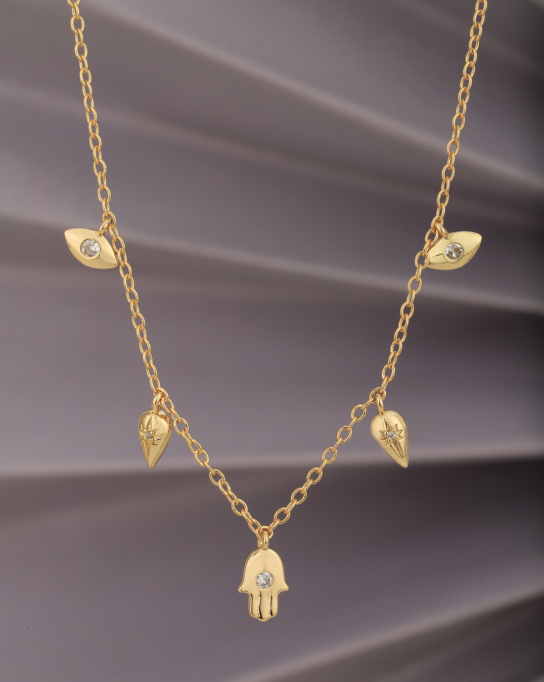 Gold Plated CZ Hanging Hamsa Necklace for women