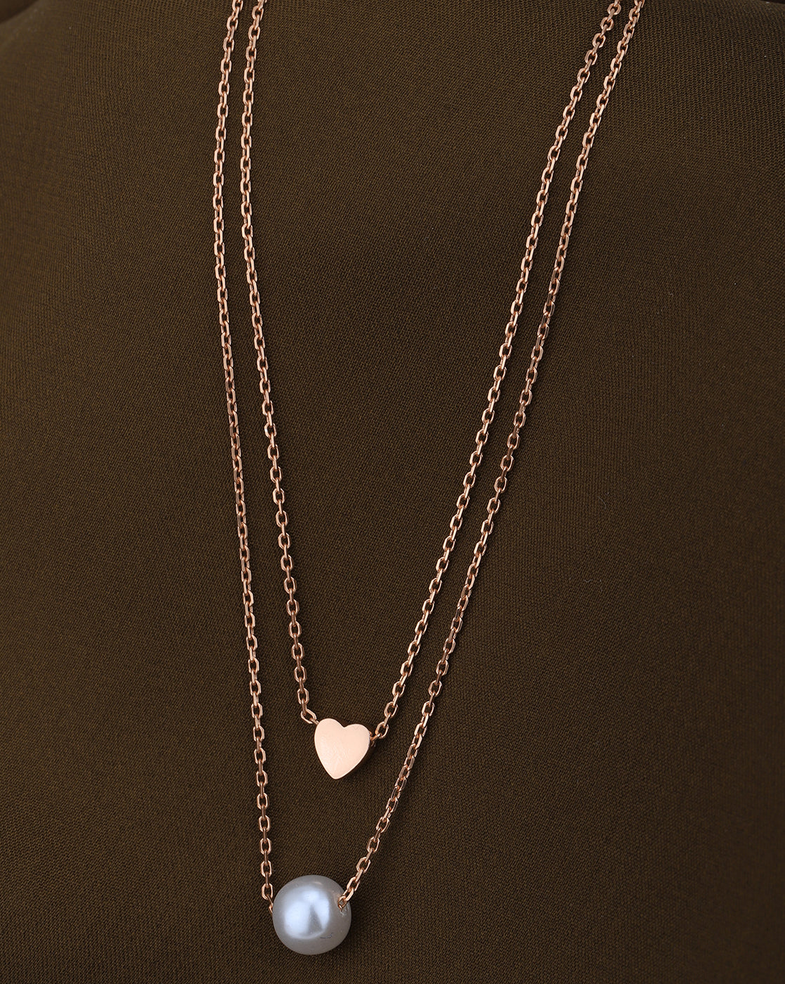 18kt Rose Gold Plated with Heart & Pearl Double Chain Necklace for women