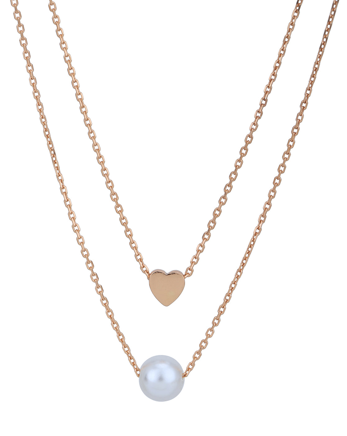 18kt Rose Gold Plated with Heart & Pearl Double Chain Necklace for women