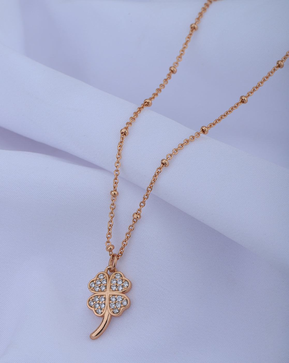 18kt Rose Gold Plated with CZ Four Leaf Clover Pendant with Chain