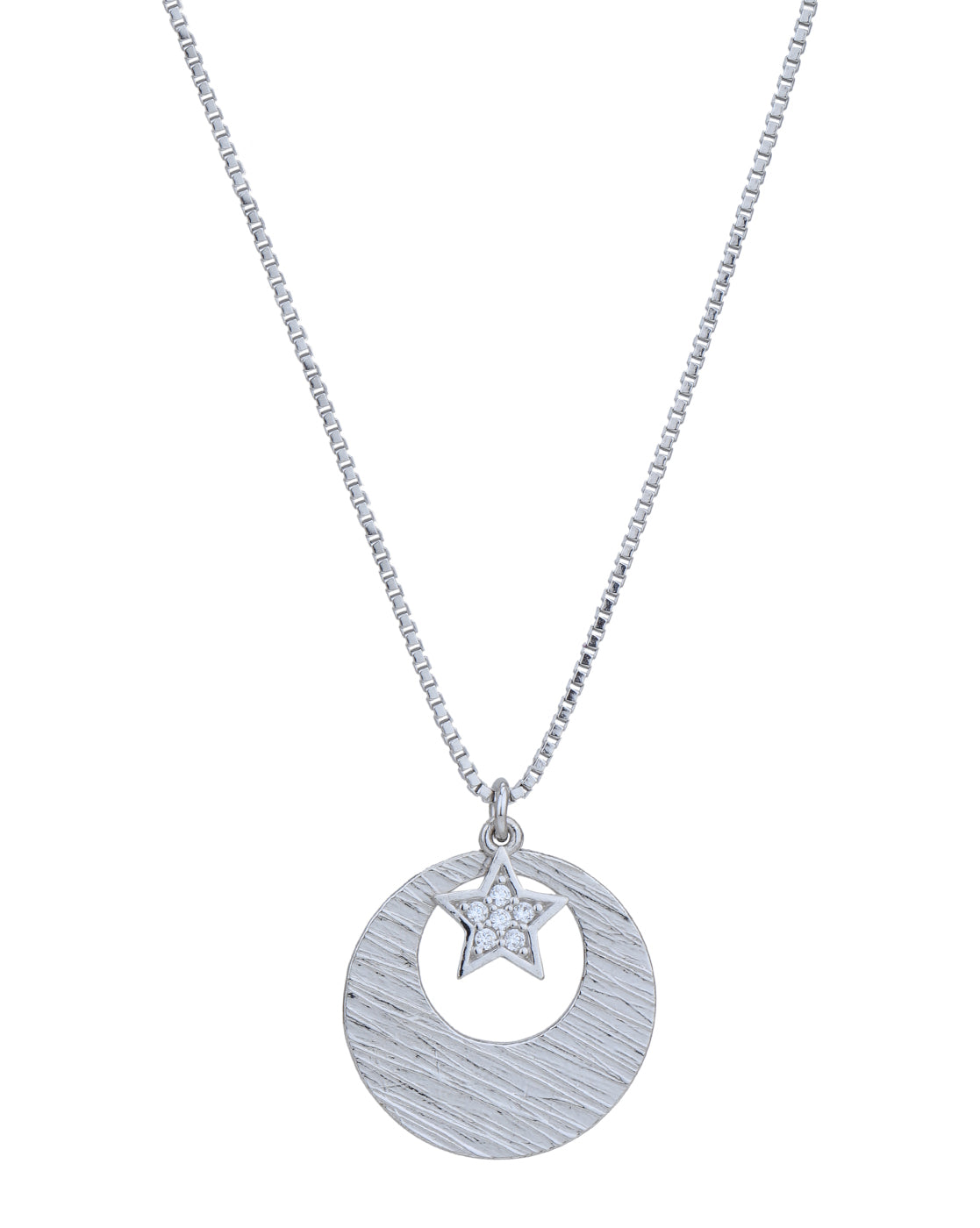 Rhodium Plated CZ Circle with Star Pendant and Chain
