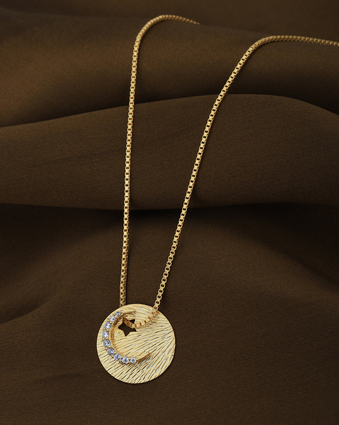 18kt Gold Plated CZ Circle with Half Moon Pendant and Chain