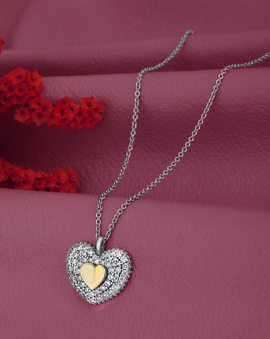 Two-Tone CZ Heart Pendant with Chain in Rhodium & 18kt Gold Plating for women