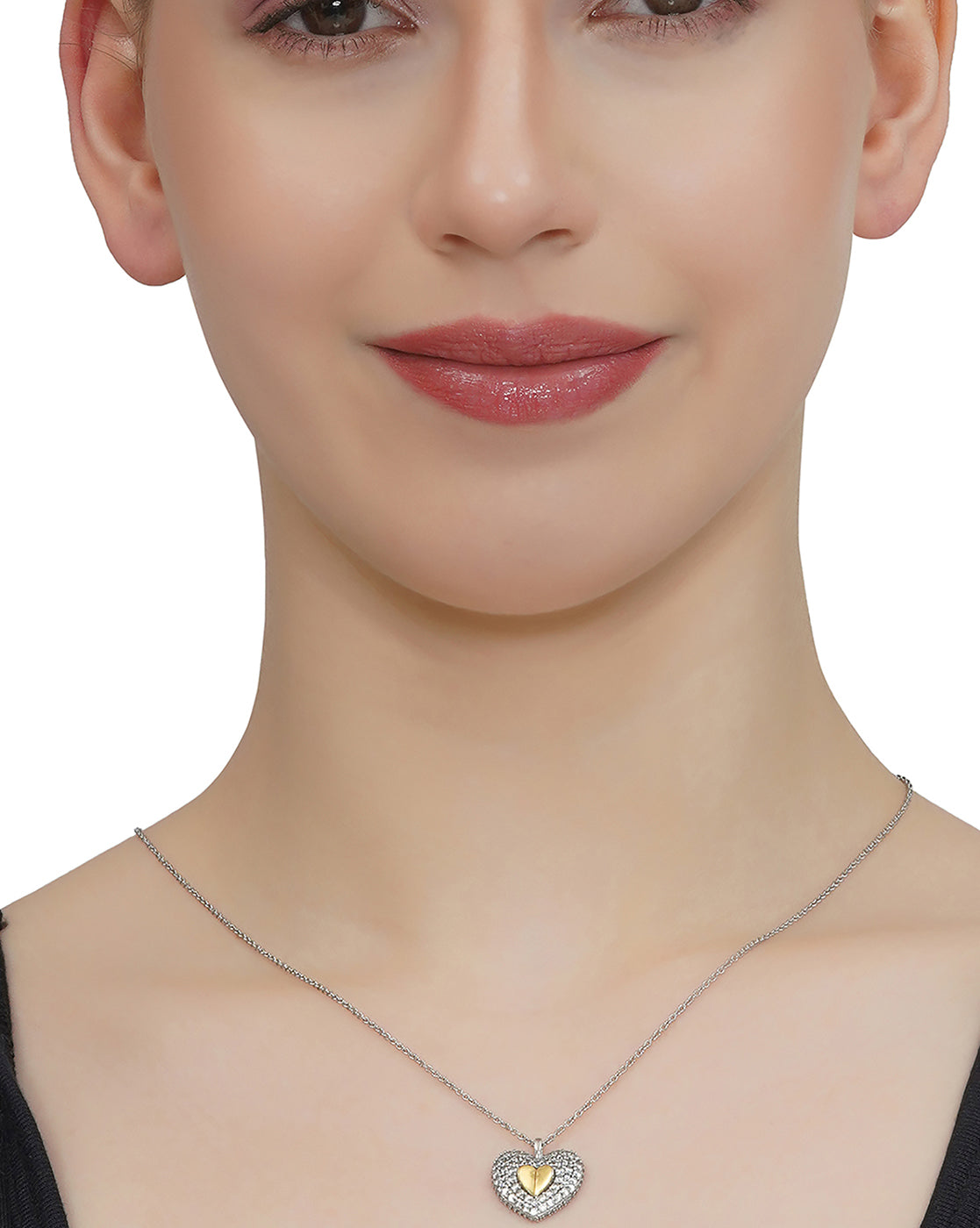 Two-Tone CZ Heart Pendant with Chain in Rhodium & 18kt Gold Plating for women
