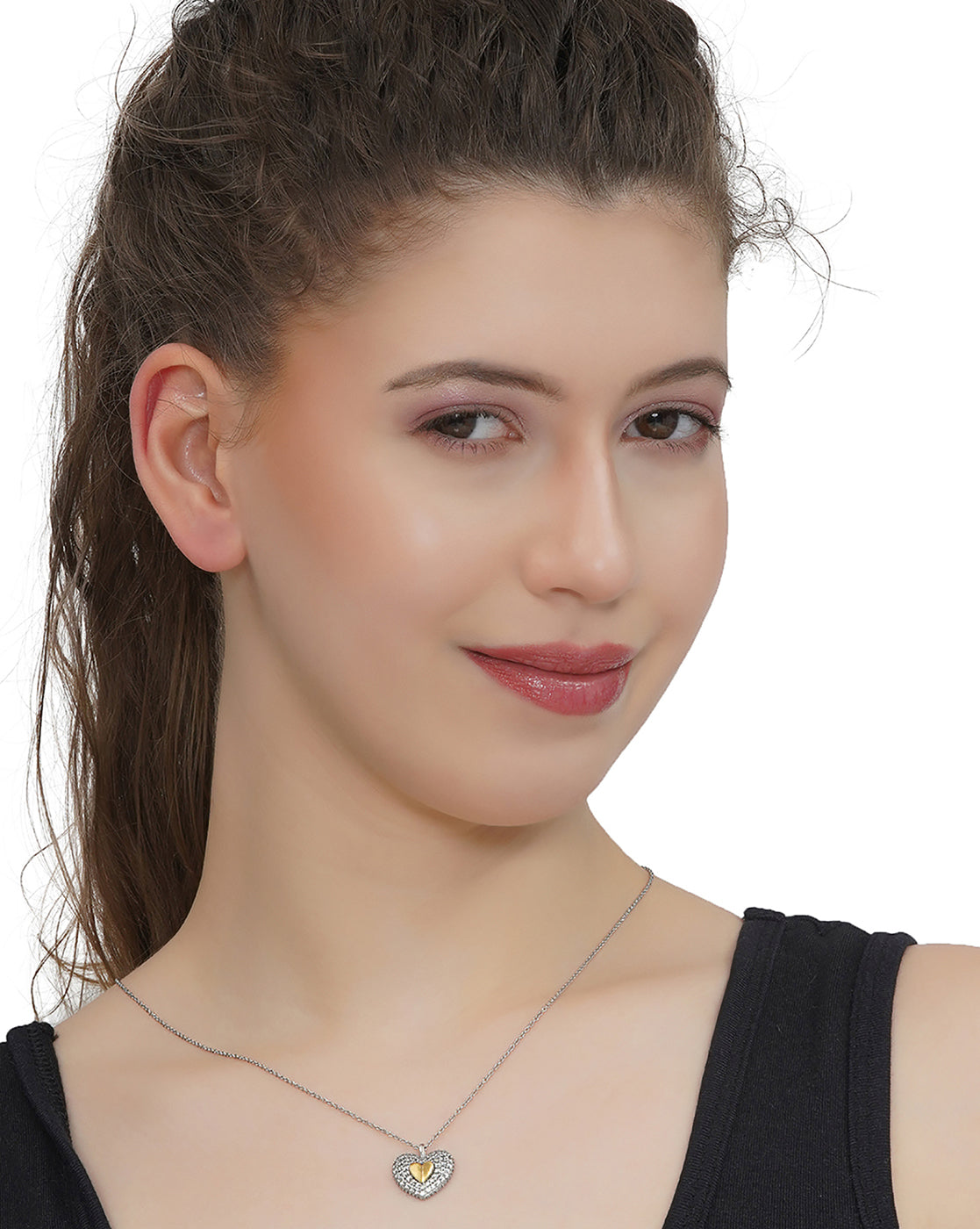 Two-Tone CZ Heart Pendant with Chain in Rhodium & 18kt Gold Plating for women