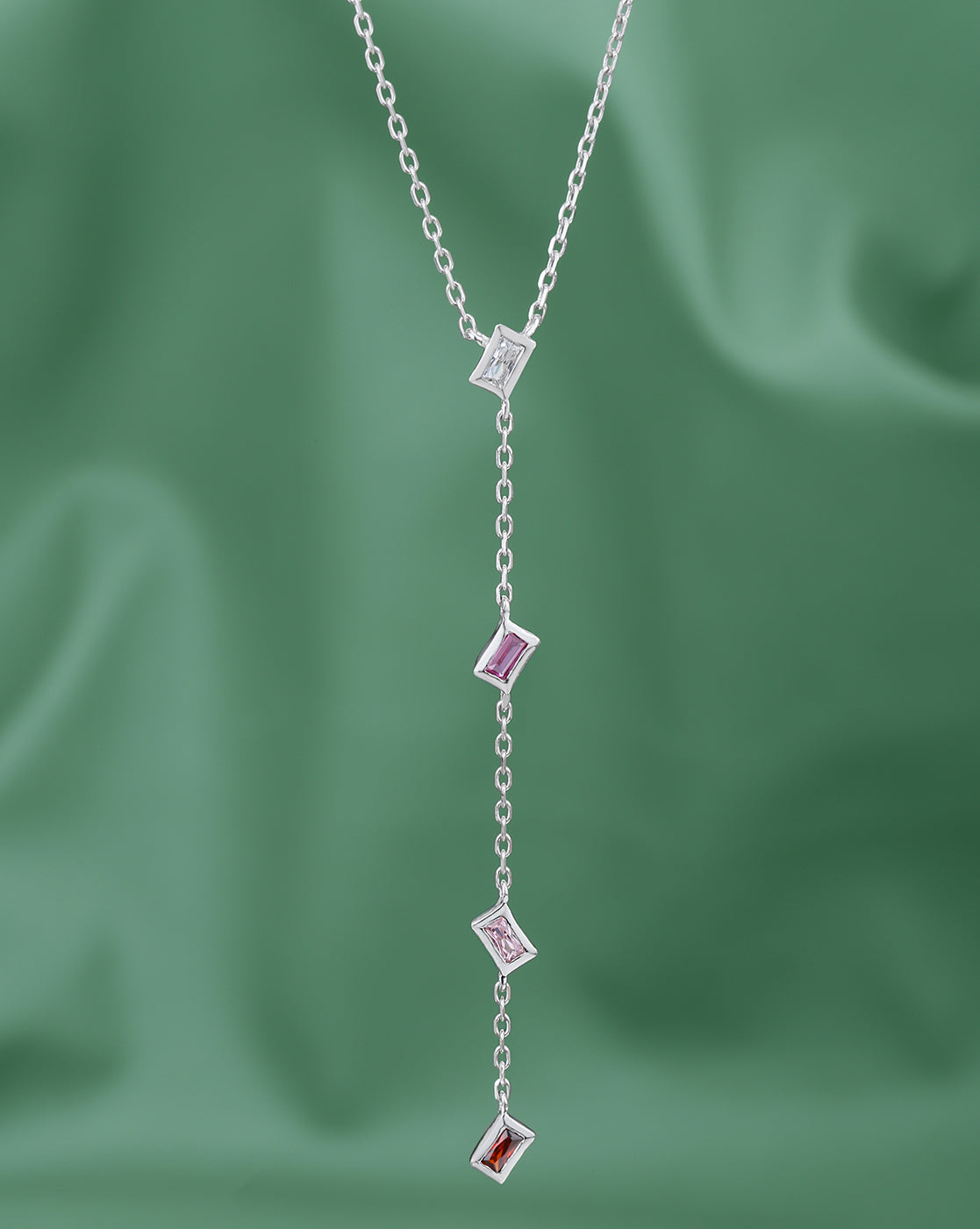Rhodium Plated CZ Lariat Necklace
