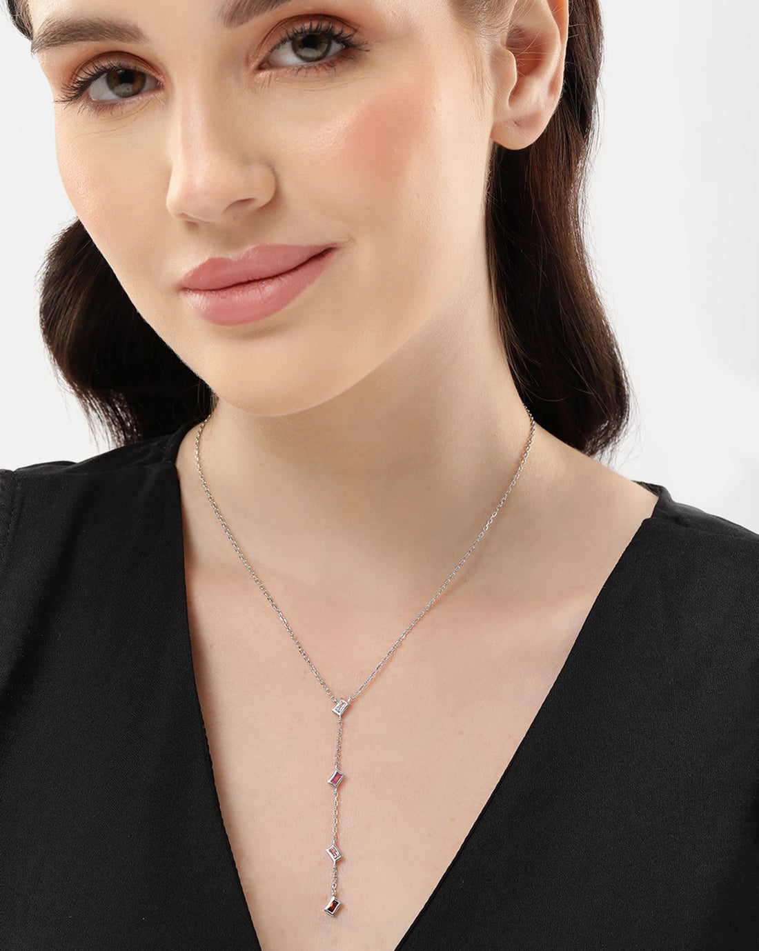 Rhodium Plated CZ Lariat Necklace