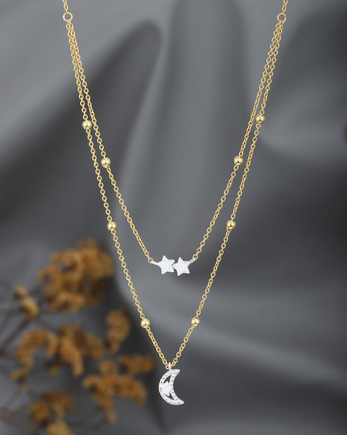 18kt Gold and Rhodium Plated Moon and Star Double Chain Necklace