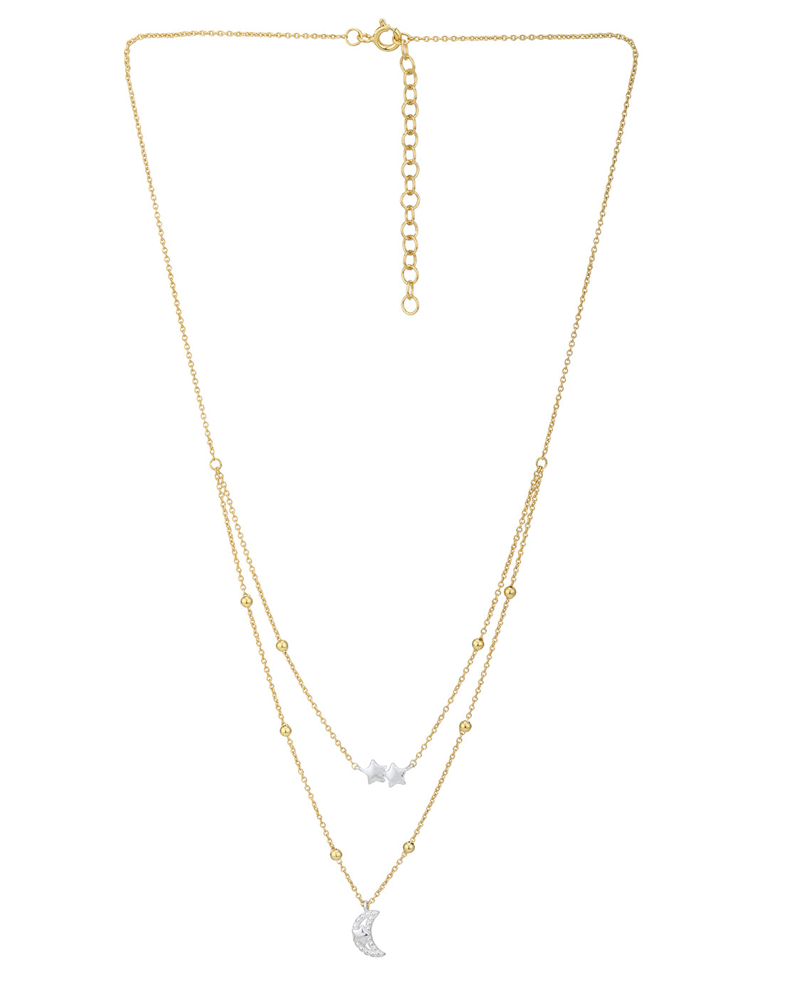 18kt Gold and Rhodium Plated Moon and Star Double Chain Necklace