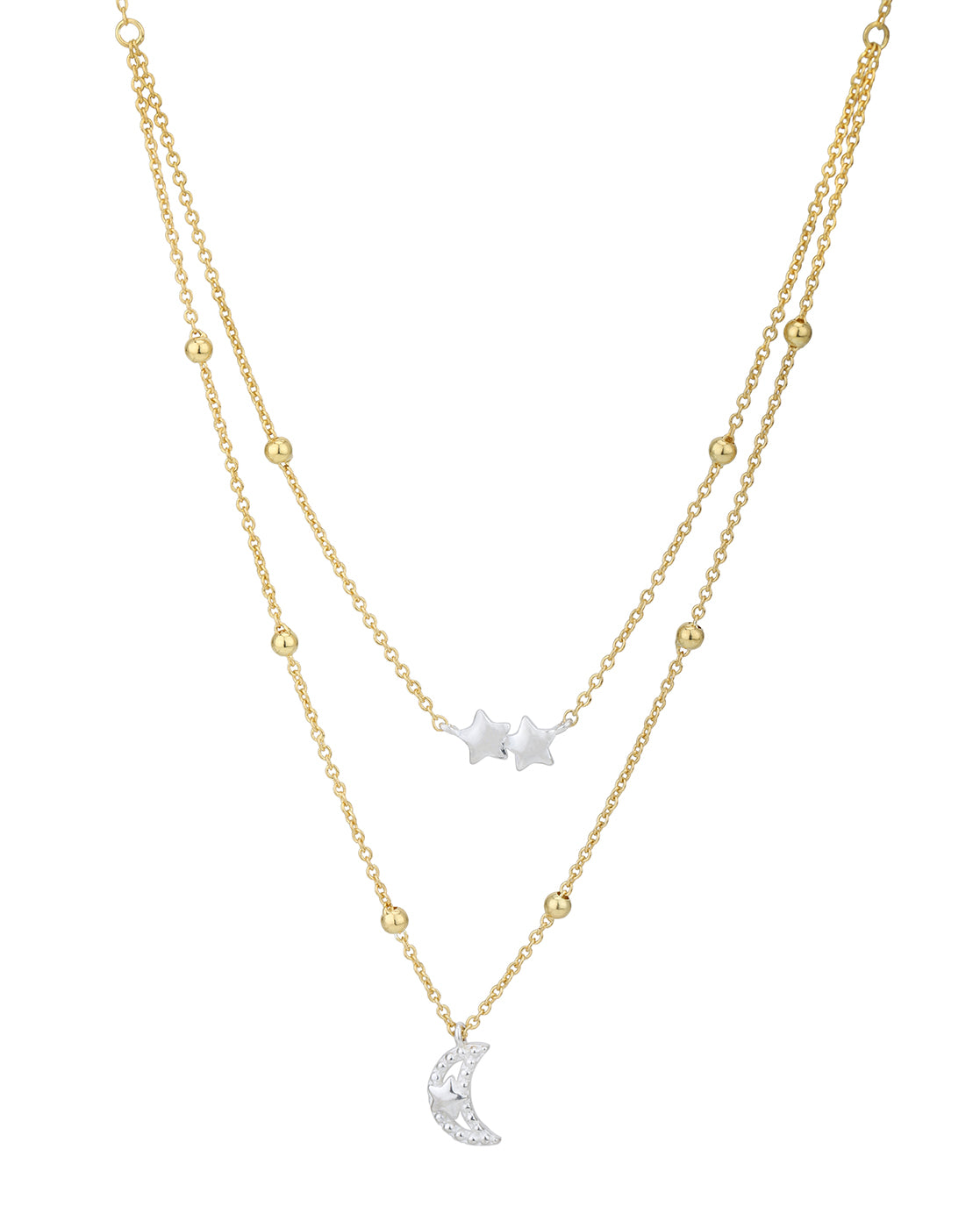 18kt Gold and Rhodium Plated Moon and Star Double Chain Necklace